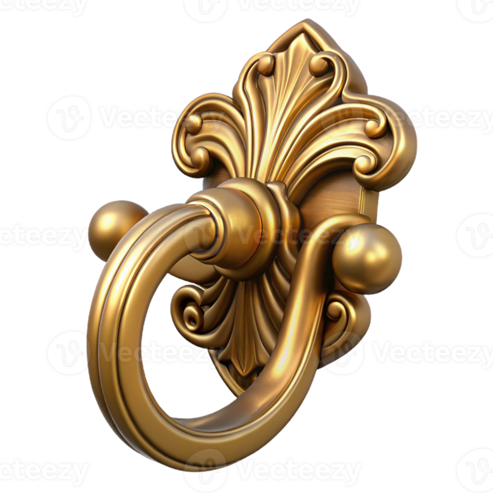 gorgeous dynamic coastal Hyper-specific, isolated cutout of a single Art Nouveau door handle, brass with a stylized floral design with Transparent Background professional png