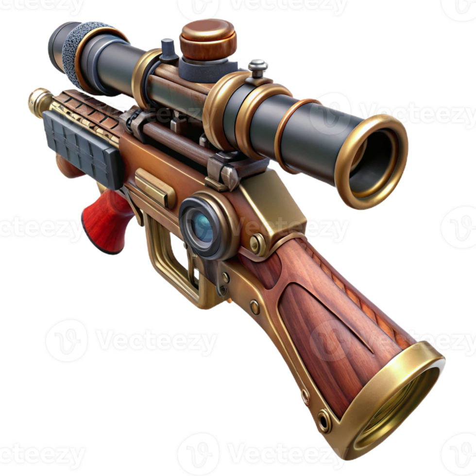 fascinating unparalleled Steampunk rifle with a scope and intricate wood and metalwork with Transparent Background png