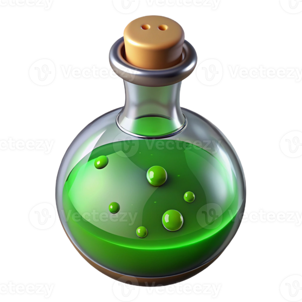 enchanting iconic A single, detailed, potion bottle with bubbling green liquid with Transparent Background png