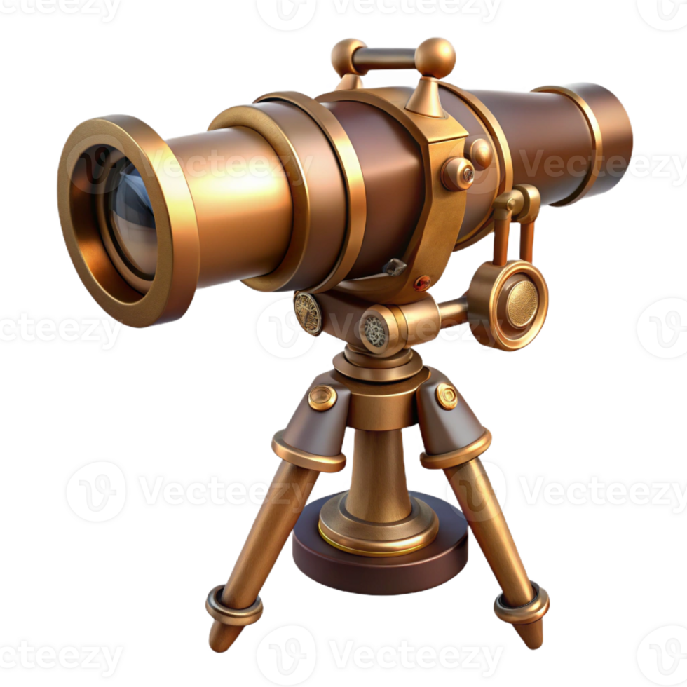 exquisite distinctive Steampunk telescope with brass and copper accents and a tripod mount with Transparent Background png