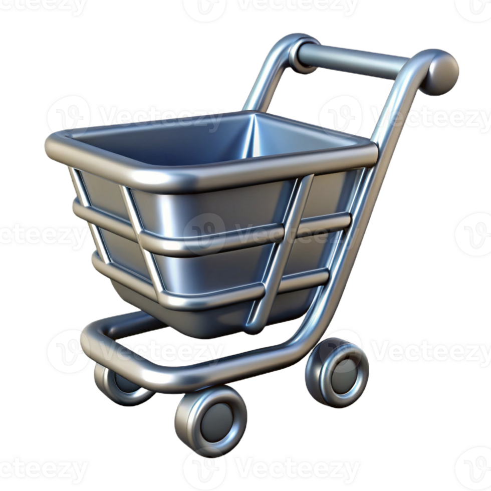 gorgeous art deco A stylized shopping cart icon, made of polished chrome with Transparent Background flawless png