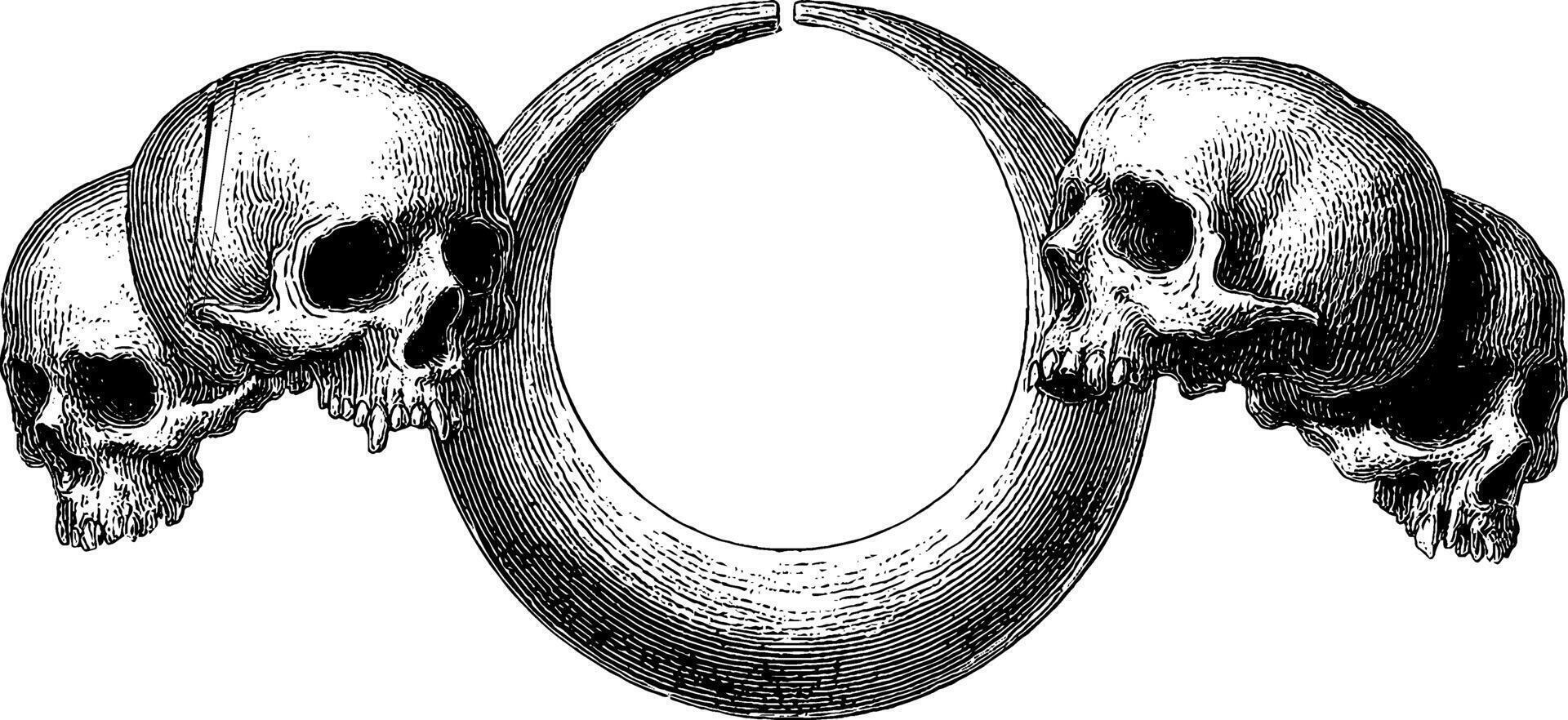 Engraved crescent moon with hanging skulls illustration for halloween and gothic designs. vector