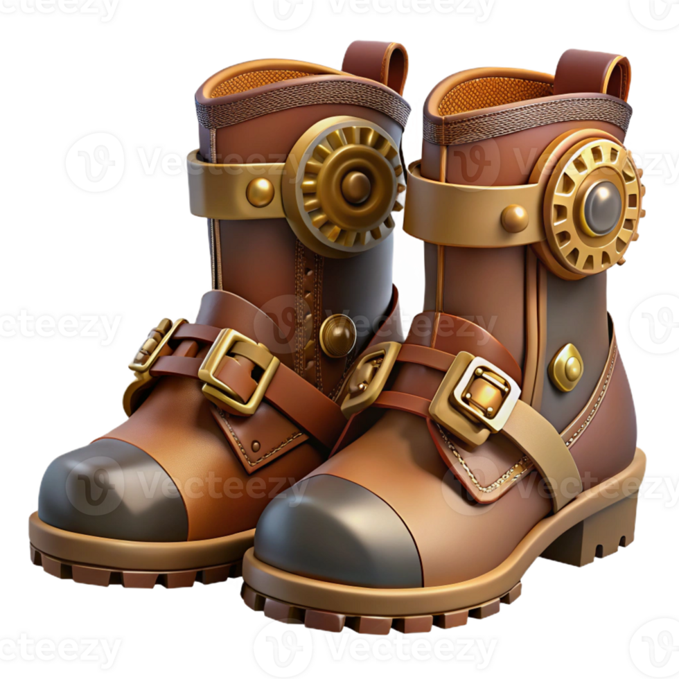 dreamy hypnotic Steampunk boots with buckles, gears, and leather straps with Transparent Background authentic png