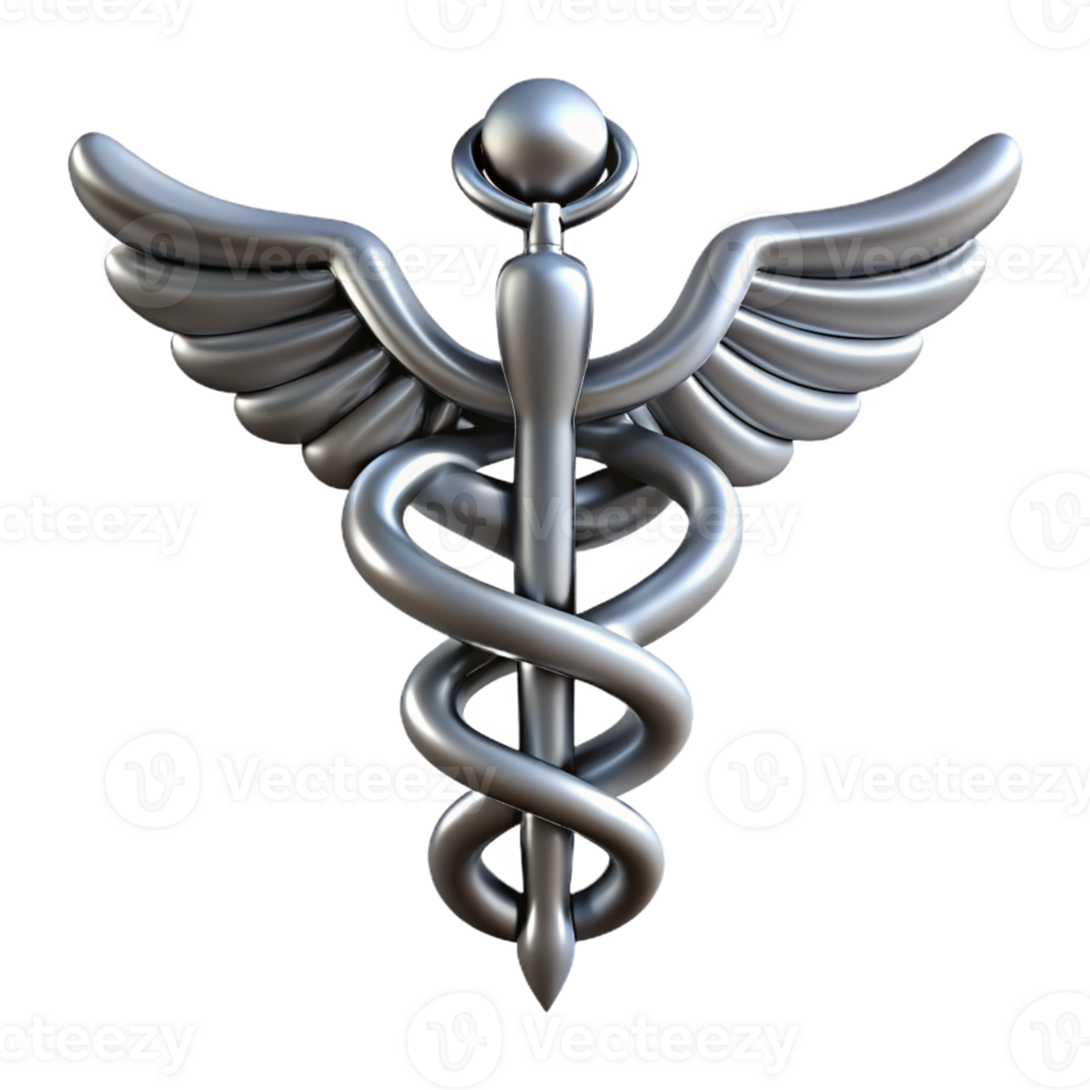 gorgeous energetic tropical Ultra-detailed, concept art style, isolated cutout of a single, silver Caduceus, snakes intertwined with Transparent Background handcrafted png