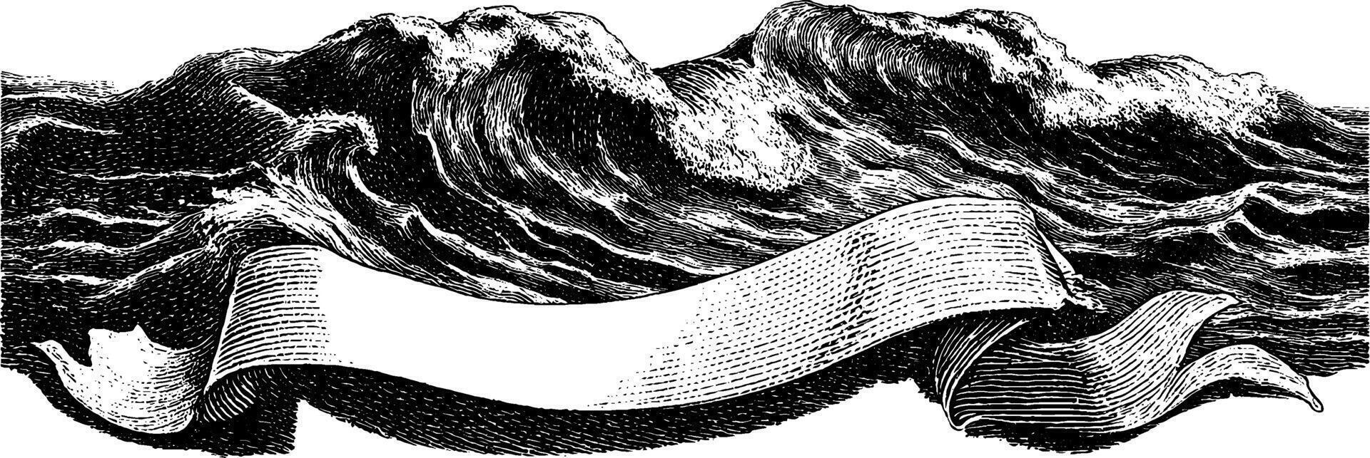 Ocean waves crashing in engraved illustration with blank banner design. vector