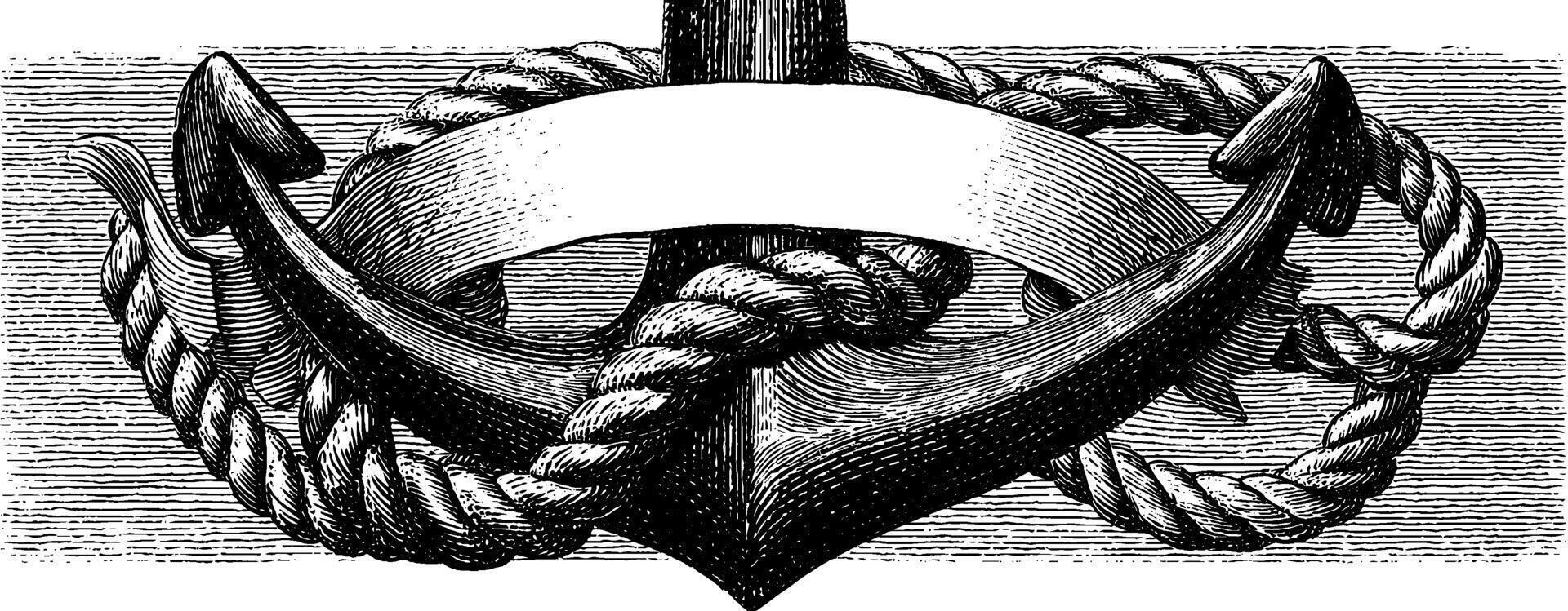 Vintage nautical anchor with rope and banner engraving for marine design projects. vector