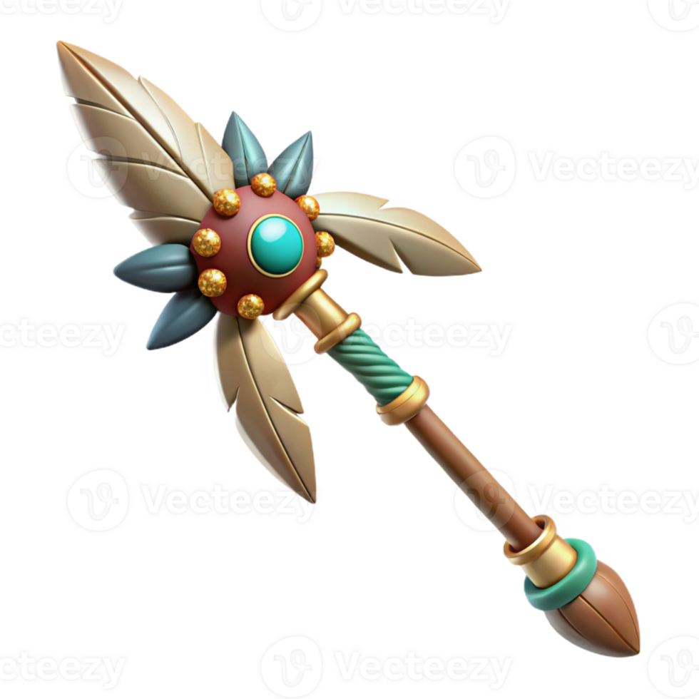 enchanting industrial Hyper-specific concept art style isolated cutout of a tribal chieftain's staff, ultra-detailed, adorned with feathers and beads with Transparent Background crisp png