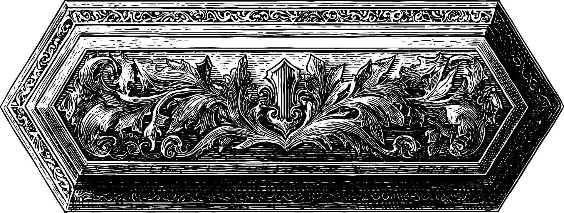 Intricate gothic carved coffin engraving for historical art and design. vector