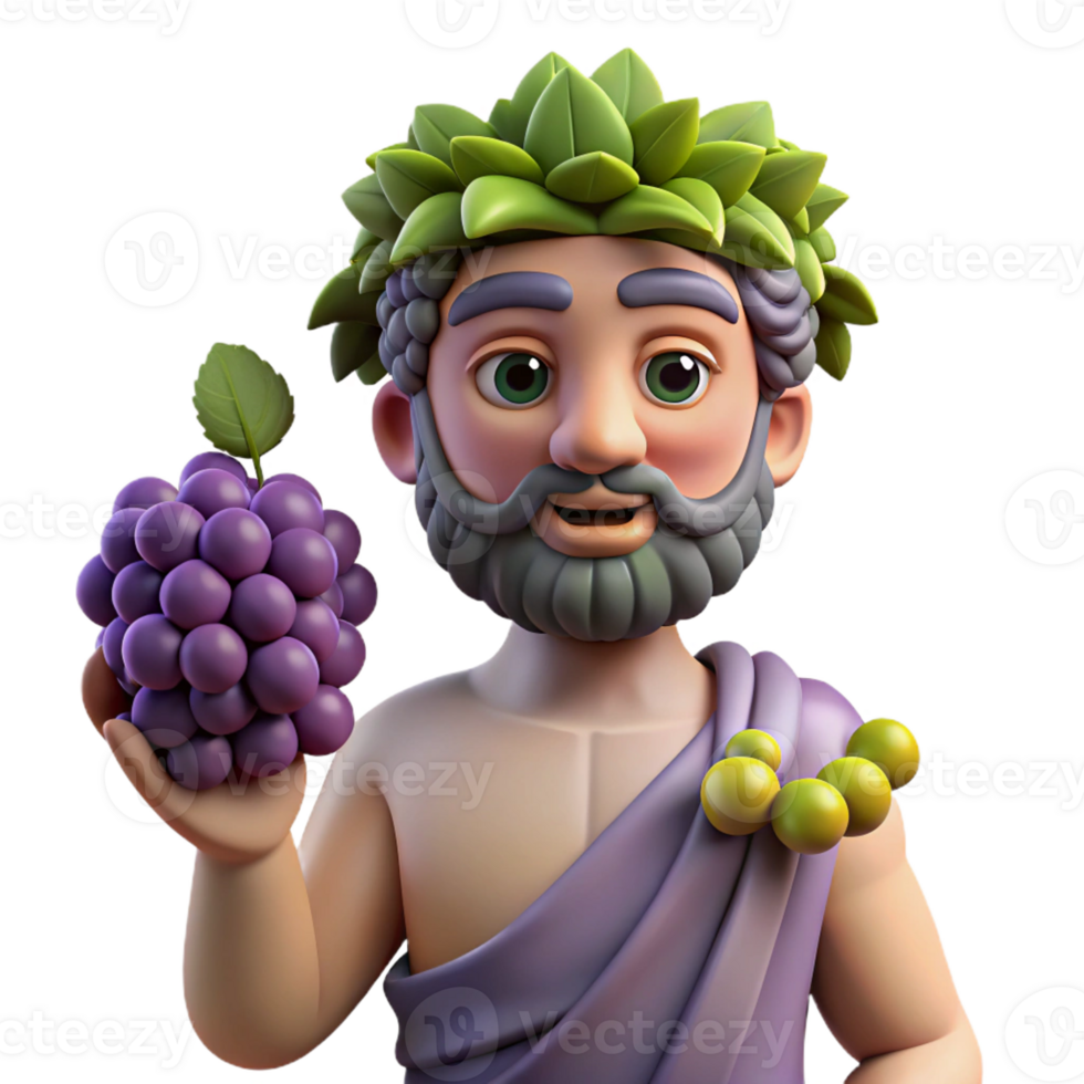 exquisite tranquil art deco Dionysus, God of Wine, holding grapes, with Transparent Background refined png