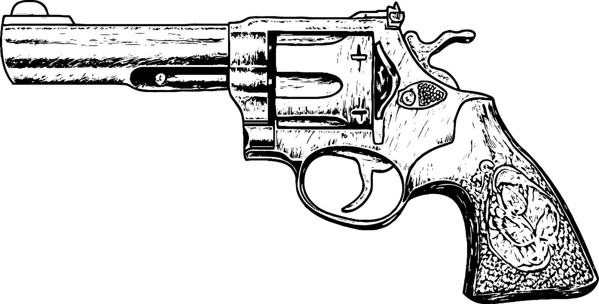 An illustration of a revolver with a detailed grip and barrel. The design features intricate engravings on the handle and a classic revolver shape. vector