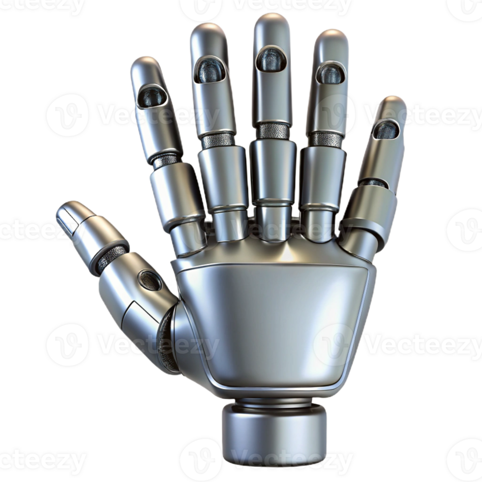 elegant geometric Robot hand, metallic fingers, articulated joints with Transparent Background studio quality png