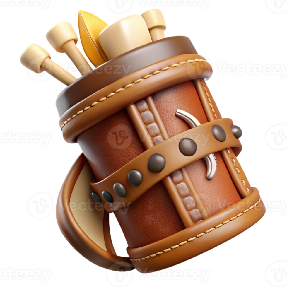energetic beautiful Ultra-detailed, photorealistic isolated cutout of a tribal hunter's handcrafted leather quiver with bone and wood details with Transparent Background gallery standard png