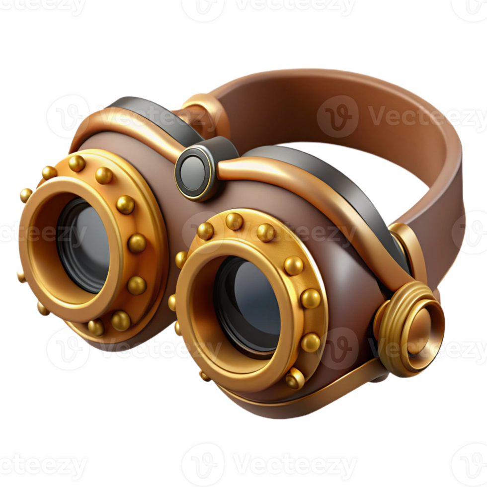 beautiful whimsical organic Steampunk goggles with intricate brass gears and leather straps with Transparent Background exclusive png