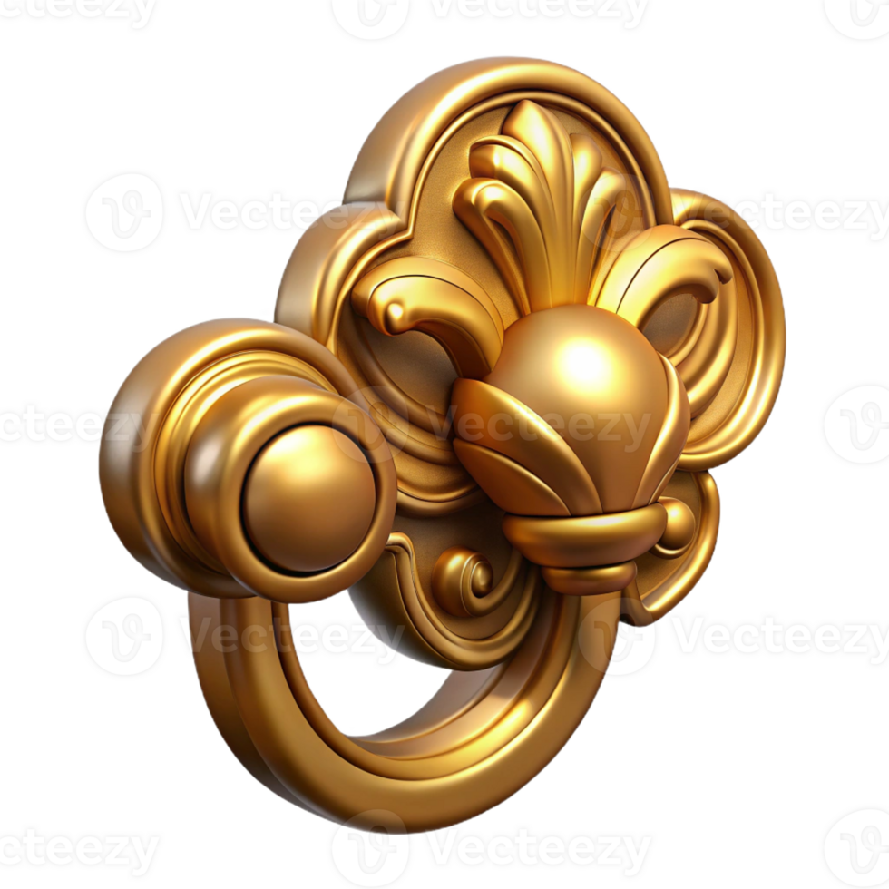 extraordinary industrial Hyper-specific professional render, isolated cutout of an Art Nouveau door handle, polished brass, stylized floral motif with Transparent Background precision png