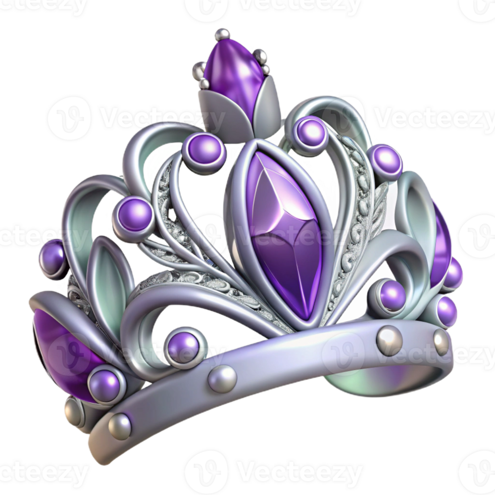 distinctive tropical Hyper-specific, professional render, isolated cutout Art Nouveau tiara, silver, intricate leaf and vine design, amethyst gemstones with Transparent Background masterfully captured png
