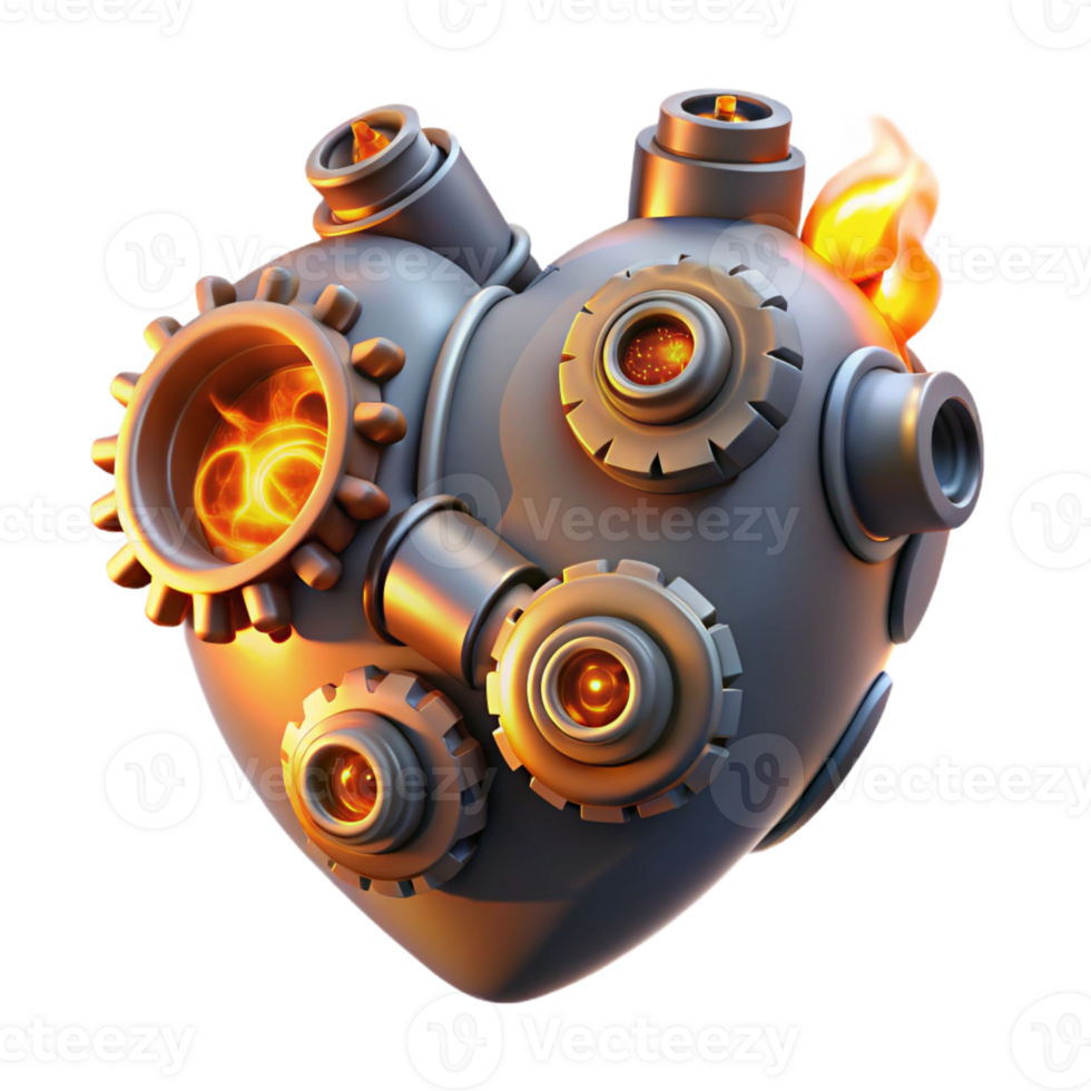 dazzling bohemian Steampunk heart with gears, pipes, and glowing embers with Transparent Background perfect clarity png