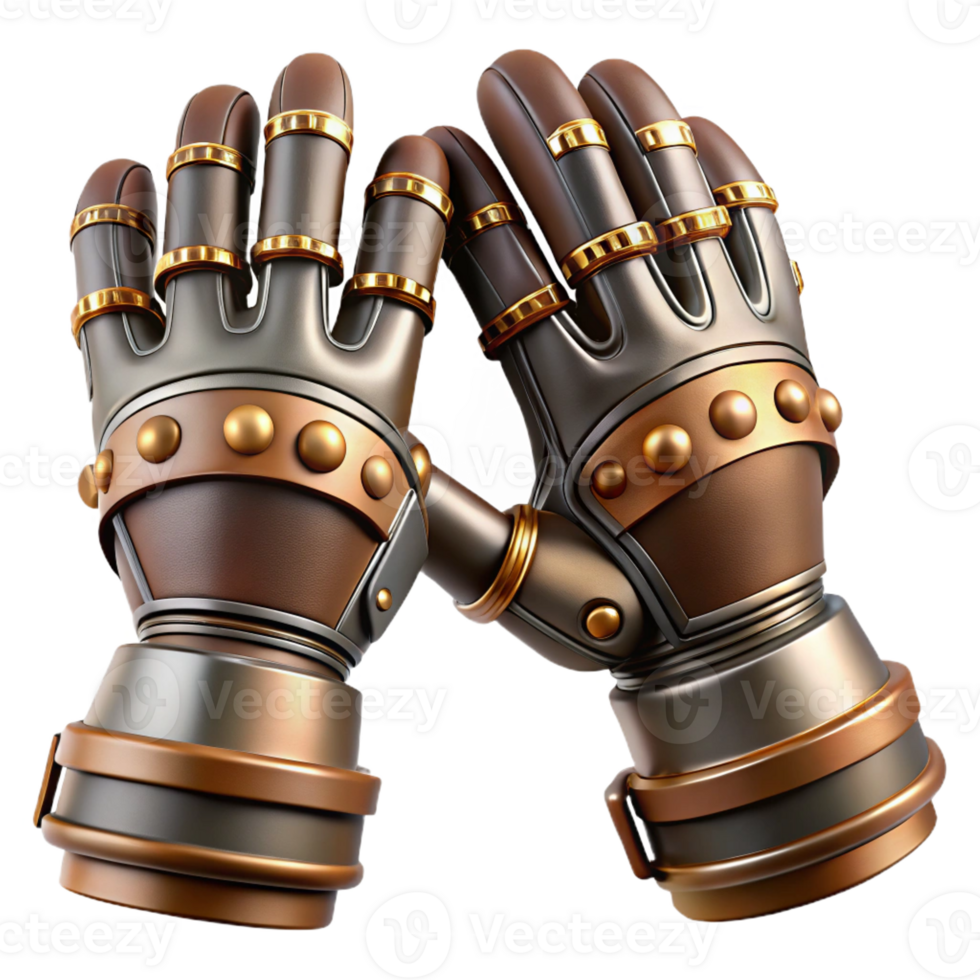 enchanting passionate vintage Steampunk gloves with articulated fingers and metallic plating with Transparent Background expertly shot png