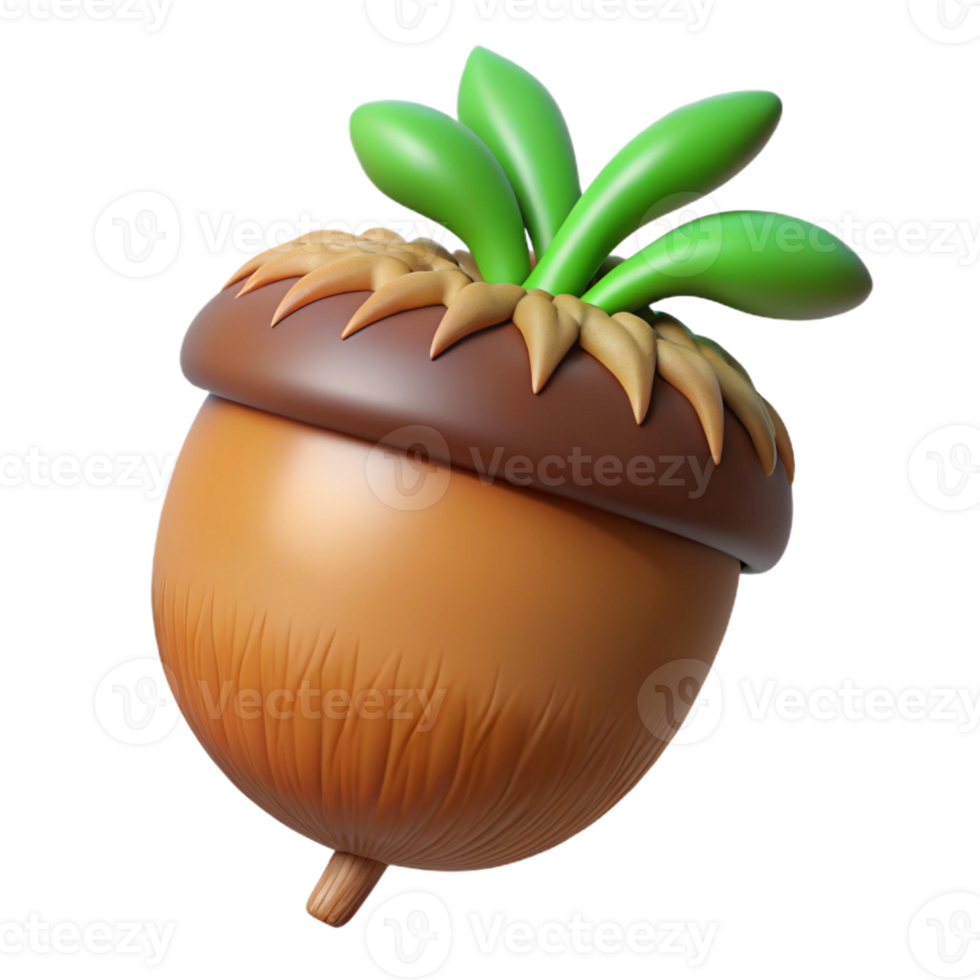 fascinating memorable Photorealistic, ultra-detailed professional render of a single, sprouting acorn with visible root tendrils Isolated cutout with Transparent Background png
