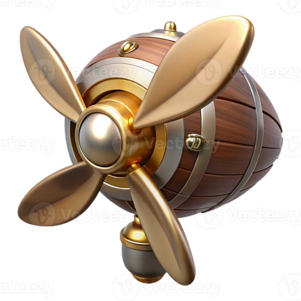glorious mid-century Steampunk airship propeller made of polished wood and brass with Transparent Background masterfully captured png