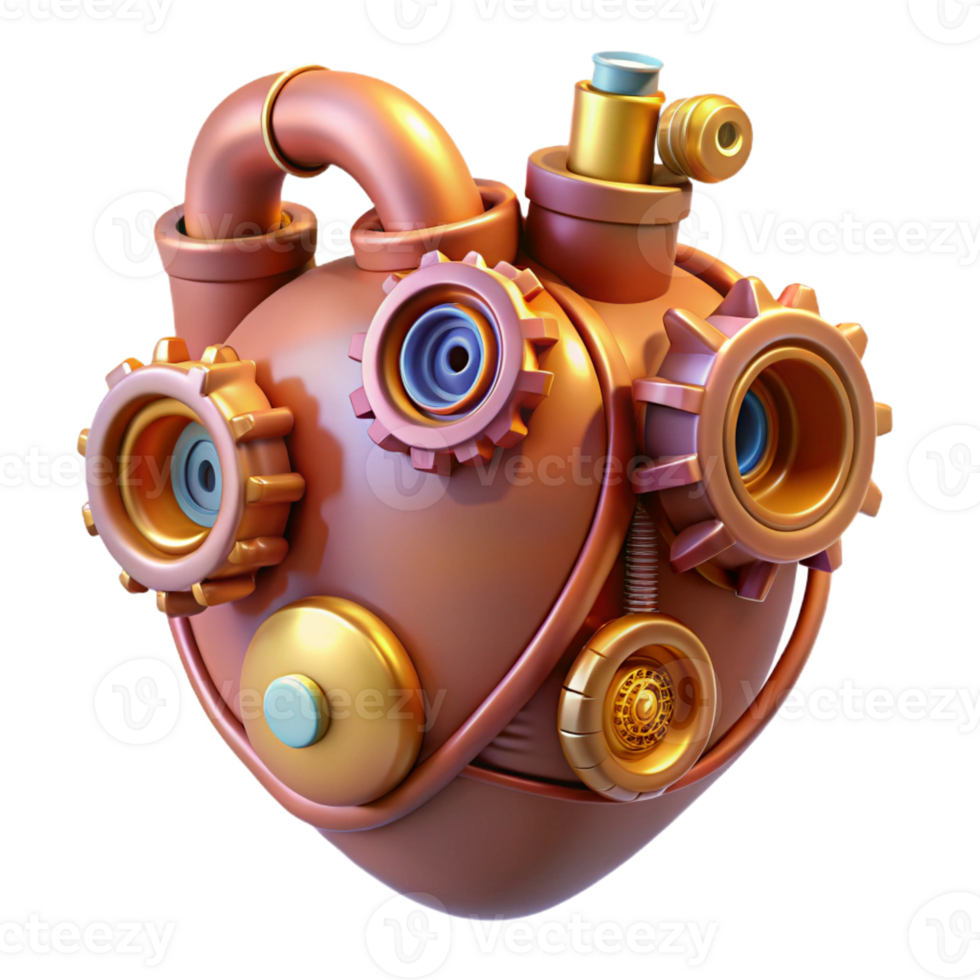 exemplary artistic Steampunk heart with gears, pipes, and glowing valves with Transparent Background flawless png