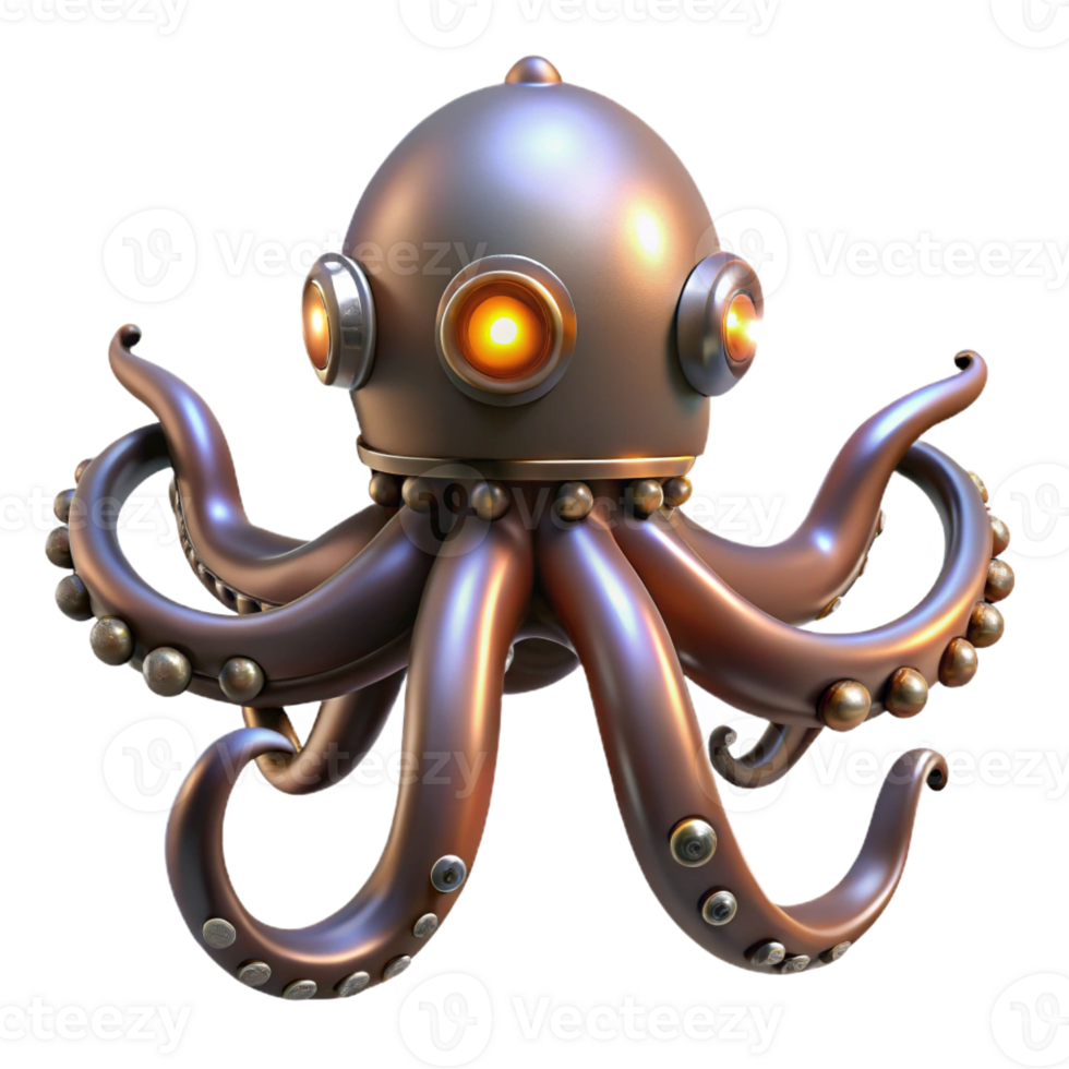 exquisite joyful classic Steampunk octopus with metal tentacles and glowing suckers with Transparent Background precision png