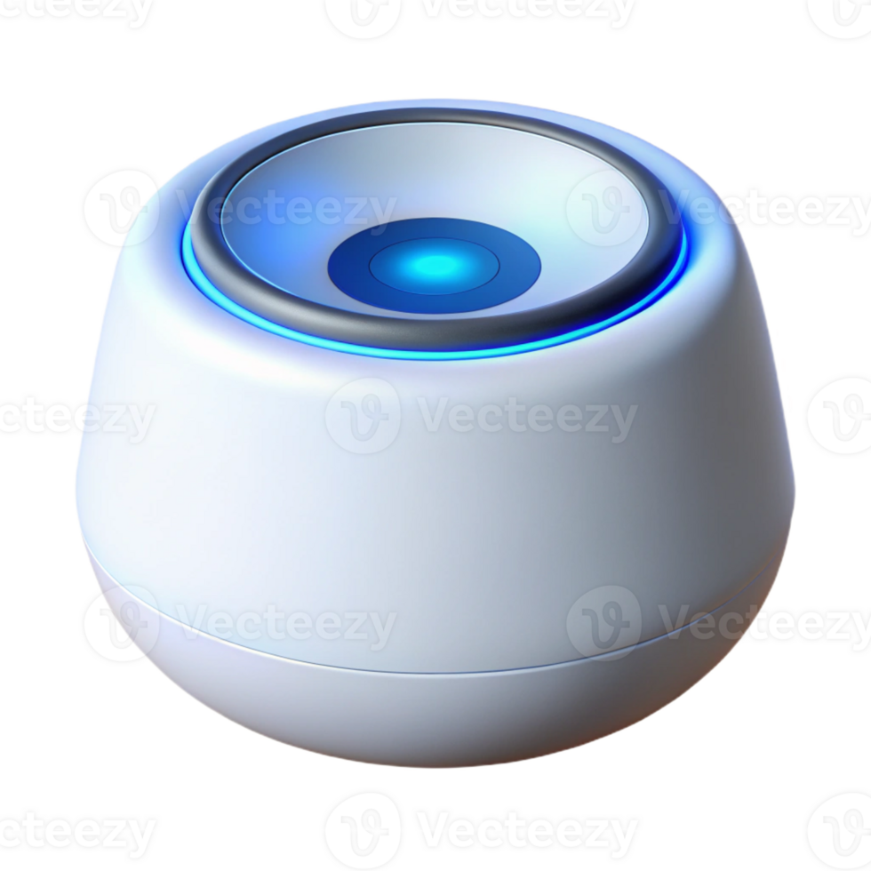elegant acclaimed Hyper-specific, professional render of a modern, white smart speaker with a blue LED ring with Transparent Background png