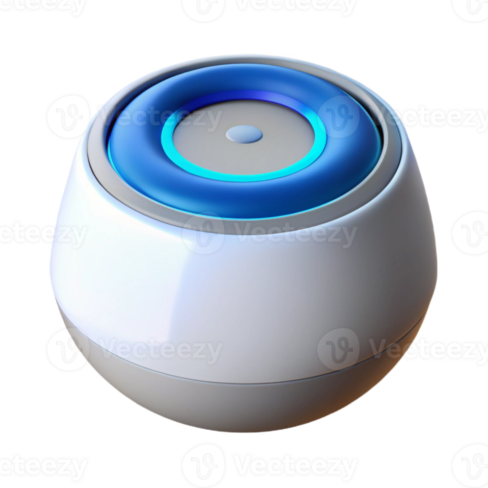 extraordinary impressionist Hyper-specific, professional render of a modern, white smart speaker with a blue LED ring with Transparent Background expertly shot png