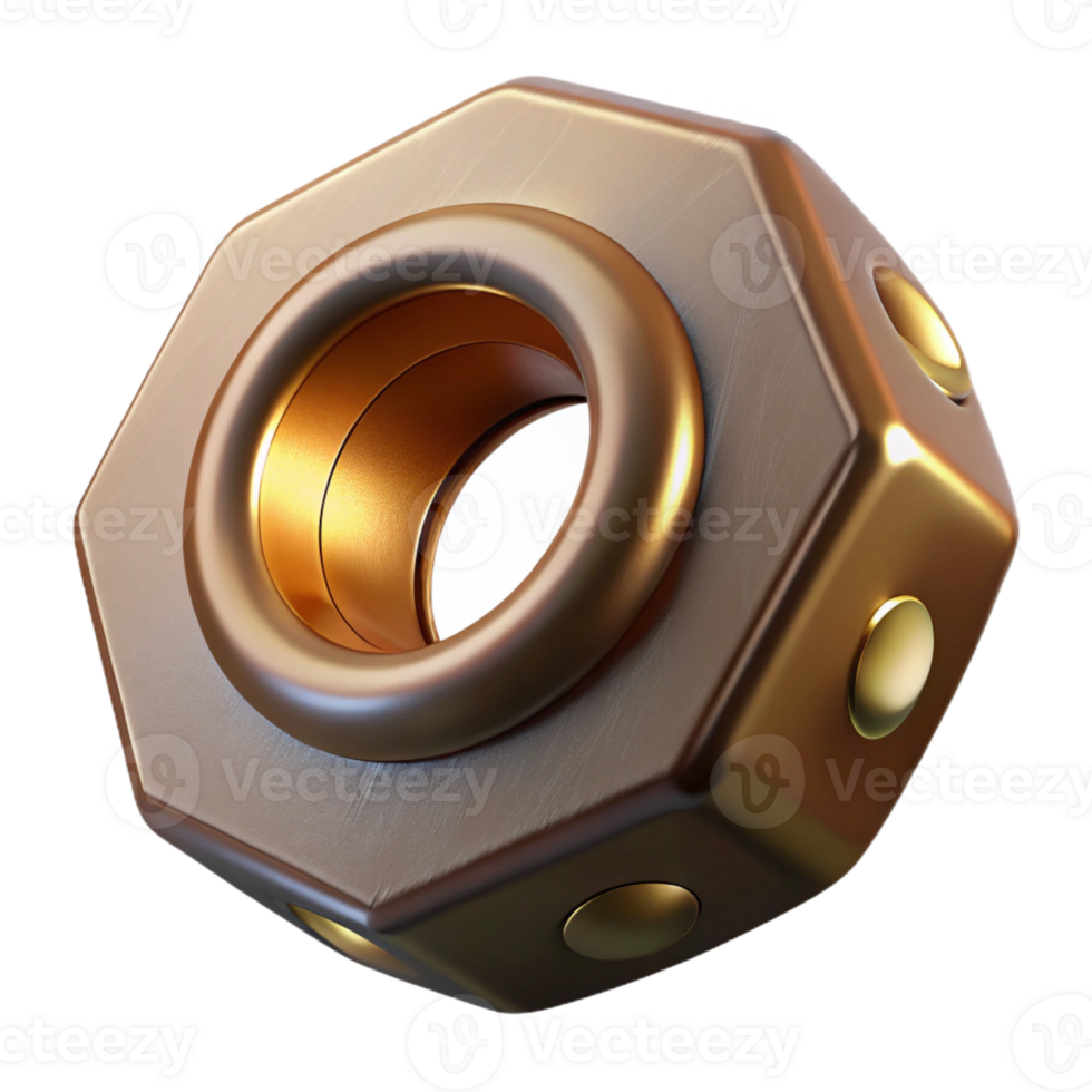 enchanting rare Steampunk nut with hexagonal shape and brass finish with Transparent Background png
