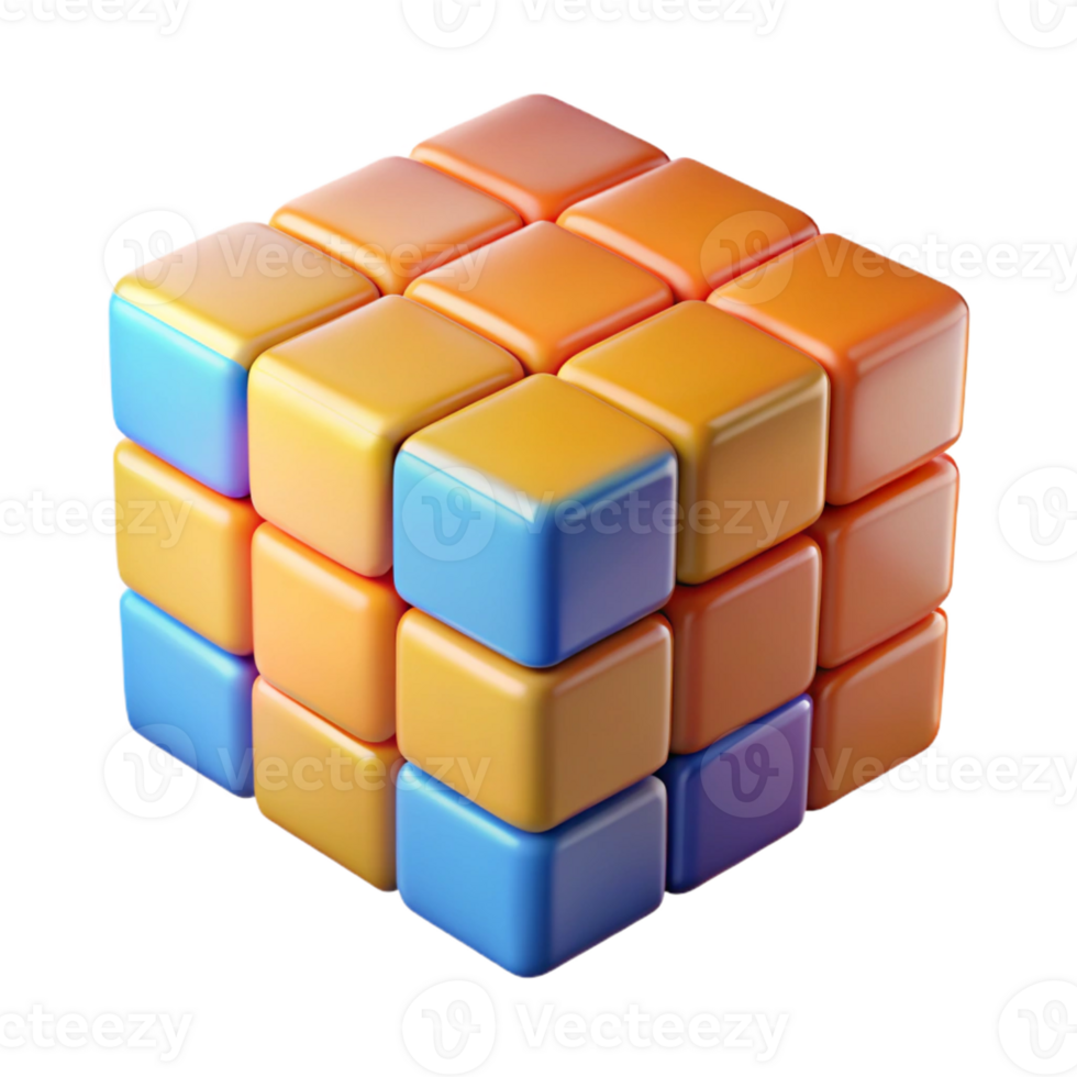hypnotic retro A rotating Rubik's cube mid-solve with vibrant, glossy colors with Transparent Background fine detail png
