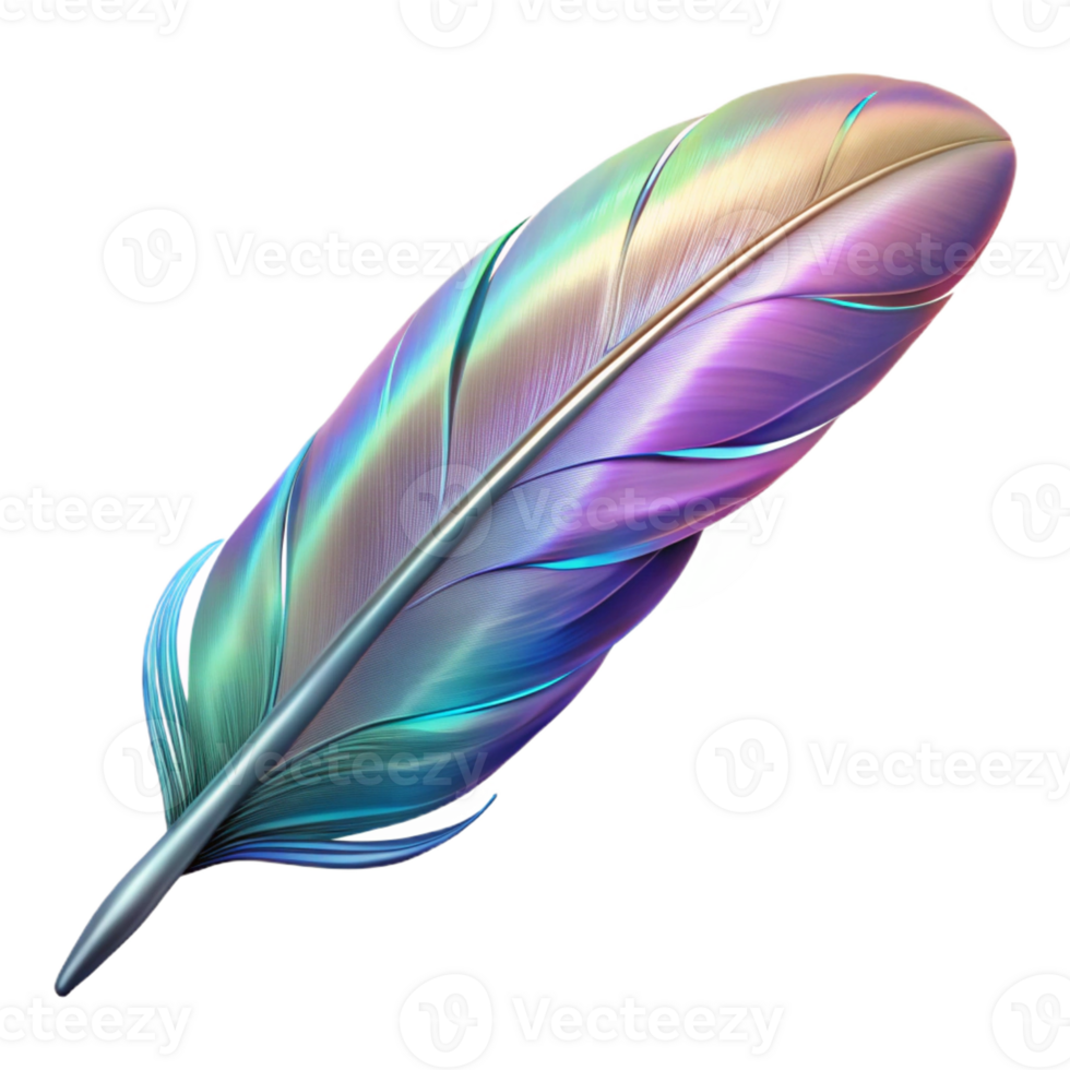 hypnotic quintessential A single, floating feather with iridescent, shimmering barbs with Transparent Background png