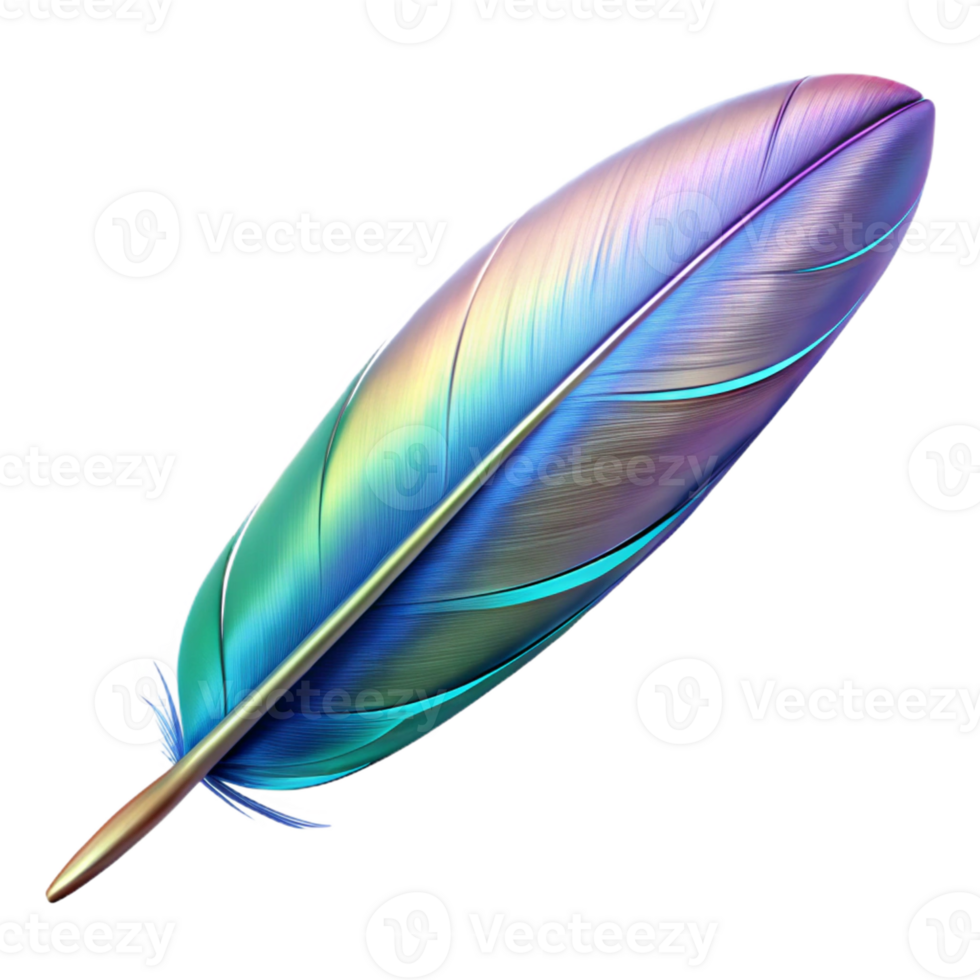 signature abstract A single, floating feather with iridescent, shimmering barbs with Transparent Background authentic png