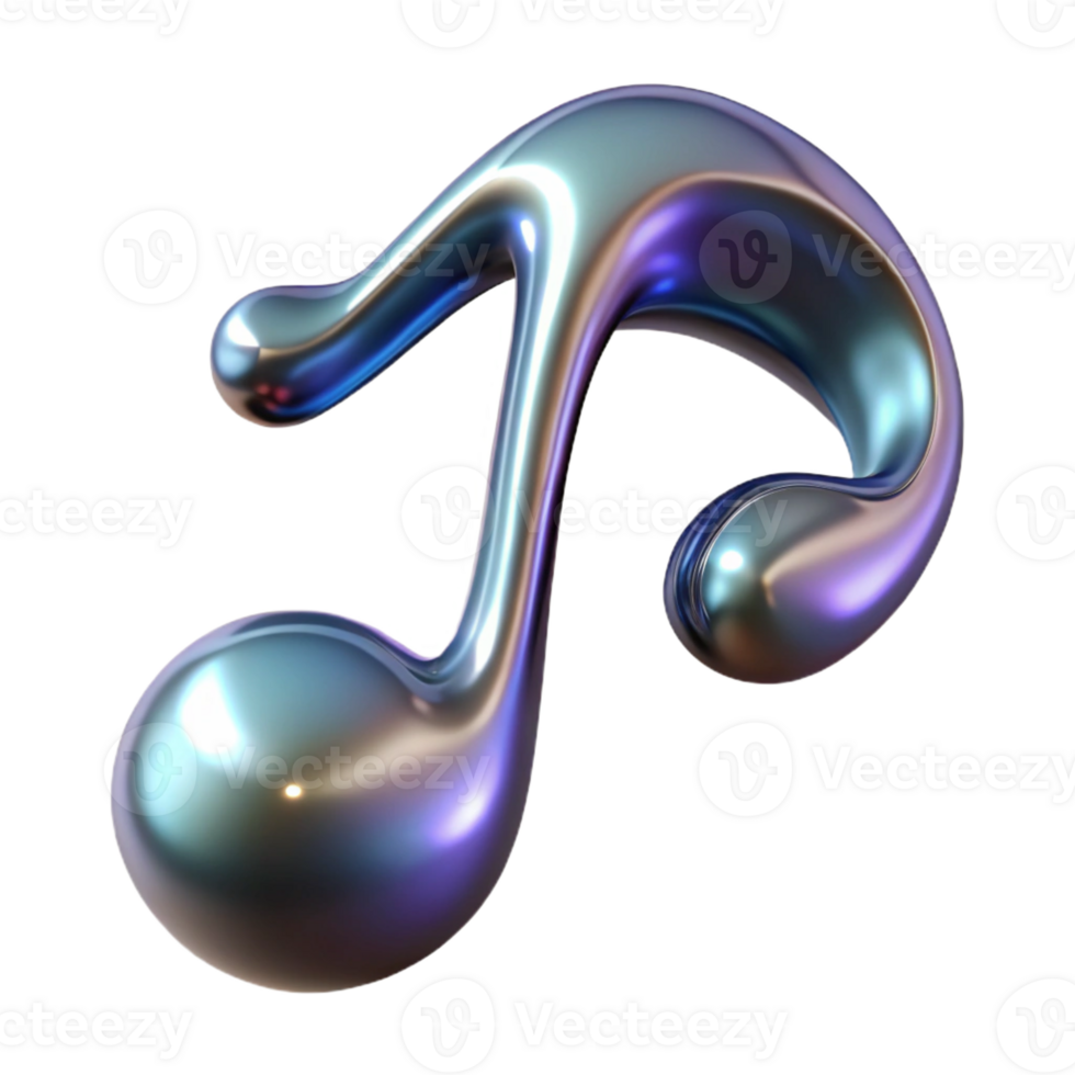 mysterious extraordinary A single, floating musical note made of liquid metal with Transparent Background authentic png