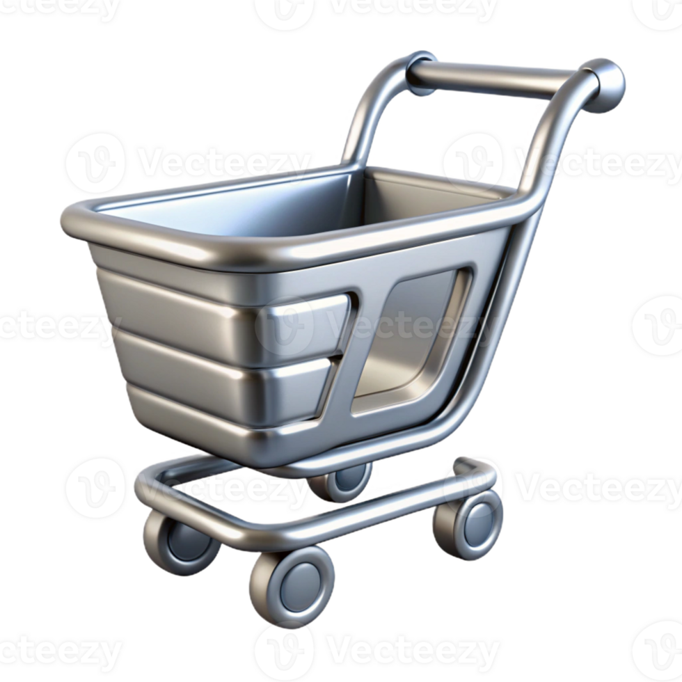 glorious modern A single, floating shopping cart icon made of polished chrome with Transparent Background refined png