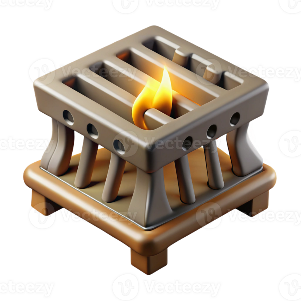 enchanting bold futuristic Photorealistic, hyper-specific isolated cutout of a single, cast iron fireplace grate with Transparent Background sharp png