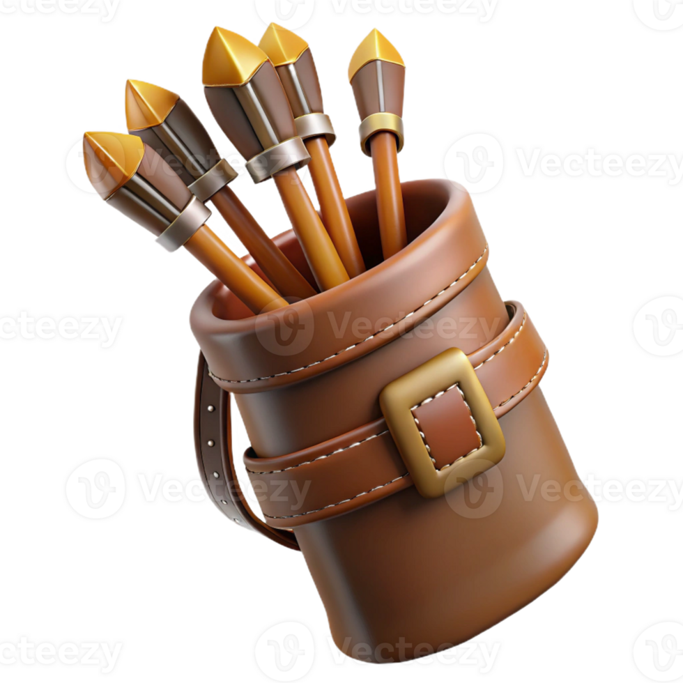 energetic beautiful Hyper-specific, professional render of a leather-bound quiver full of feathered arrows with Transparent Background 8K png