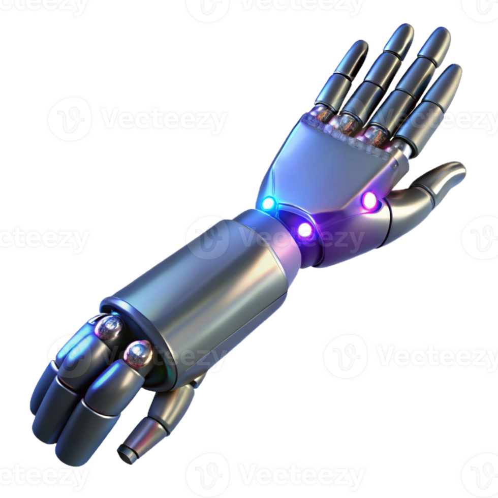 pristine remarkable Hyper-specific professional render of a single cybernetic prosthetic arm with exposed wiring and glowing LEDs, isolated cutout with Transparent Background png