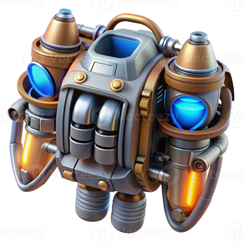 reflective exquisite Ultra-detailed professional render of a futuristic jetpack with intricate mechanical parts and glowing thrusters, isolated cutout with Transparent Background precision png