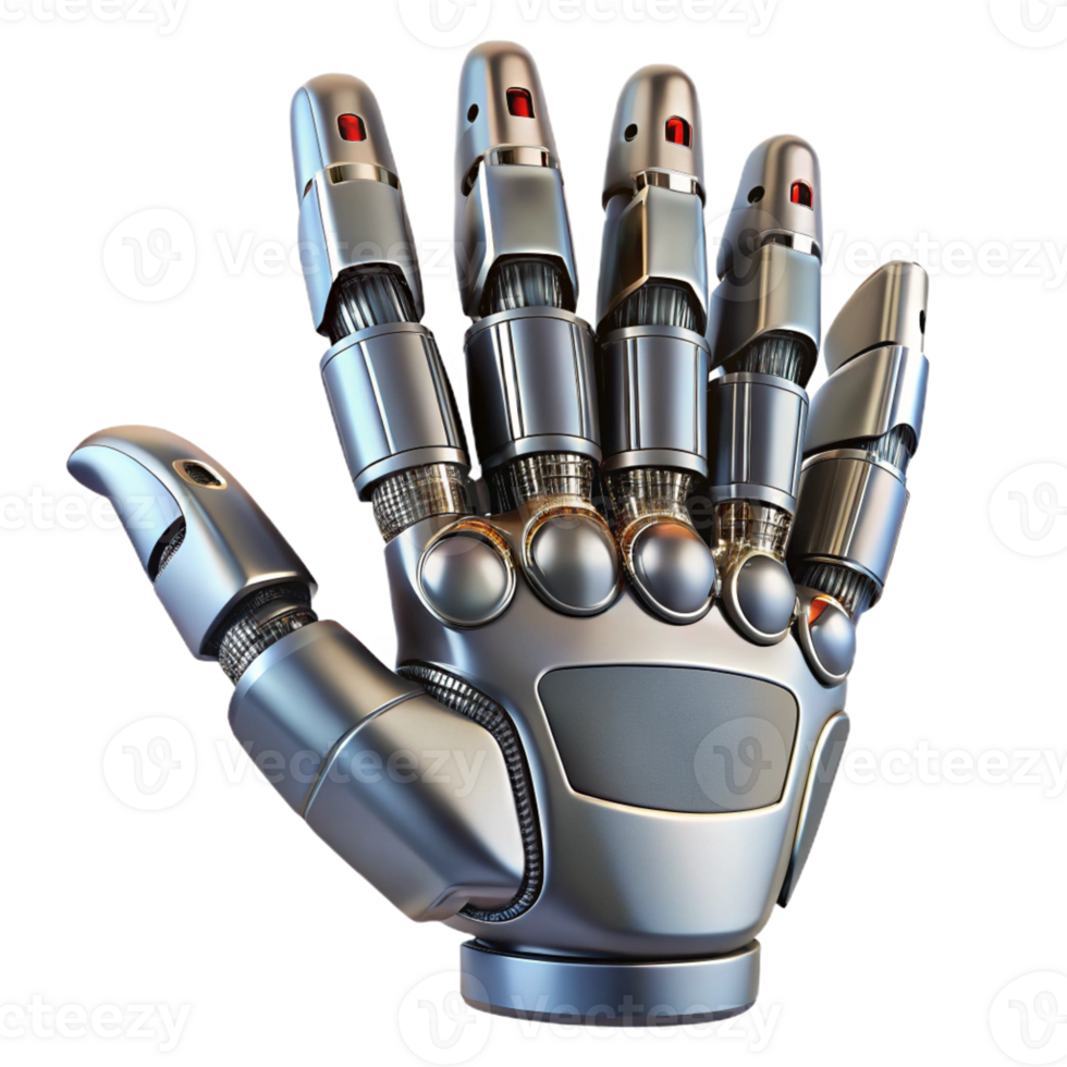 sumptuous joyful avant-garde Ultra-detailed professional render of a futuristic robotic hand with articulated fingers and metallic plating, isolated cutout with Transparent Background 8K png