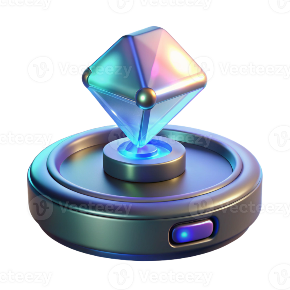hypnotic bold art deco Photorealistic, hyper-specific render of a single advanced communication device with holographic projections emanating from its surface with Transparent Background luxury png