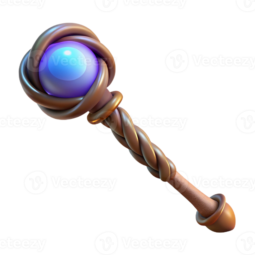 beautiful dynamic industrial Photorealistic, professional render of a single, magic staff, twisted wood, glowing orb at the top with Transparent Background sharp png