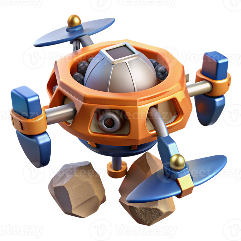 energetic majestic Concept art style, hyper-specific isolated cutout of a space mining drone, resource extraction technology with Transparent Background expertly shot png