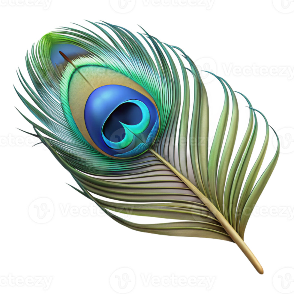 notable elegant Ultra-detailed, photorealistic render of a single feather, peacock feather, isolated cutout with Transparent Background artisan png