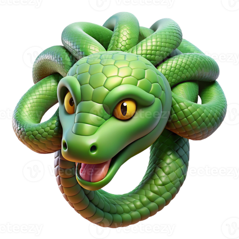 vibrant dreamy traditional Hyper-specific, professional render of a Medusa's detached snake head, scales glistening with Transparent Background studio quality png