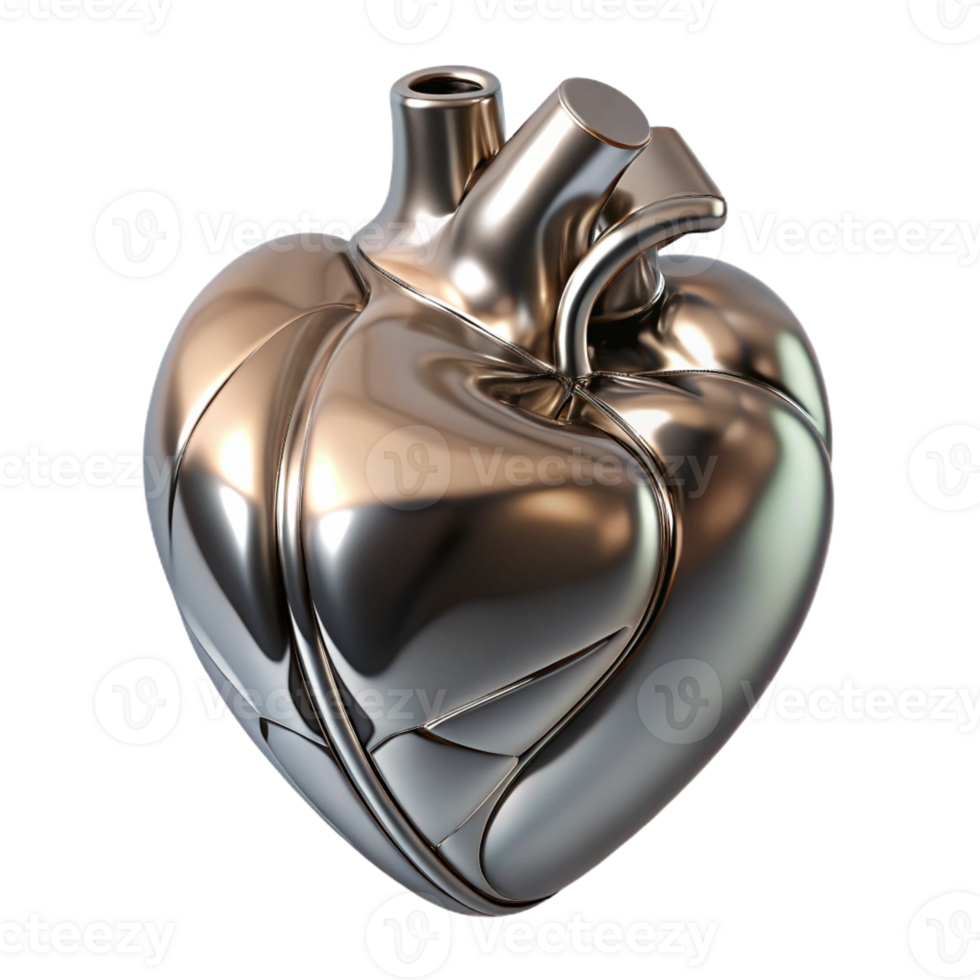 glorious whimsical contemporary Concept art style, ultra-detailed, isolated cutout of a single, stylized, chrome human heart with Transparent Background professional png
