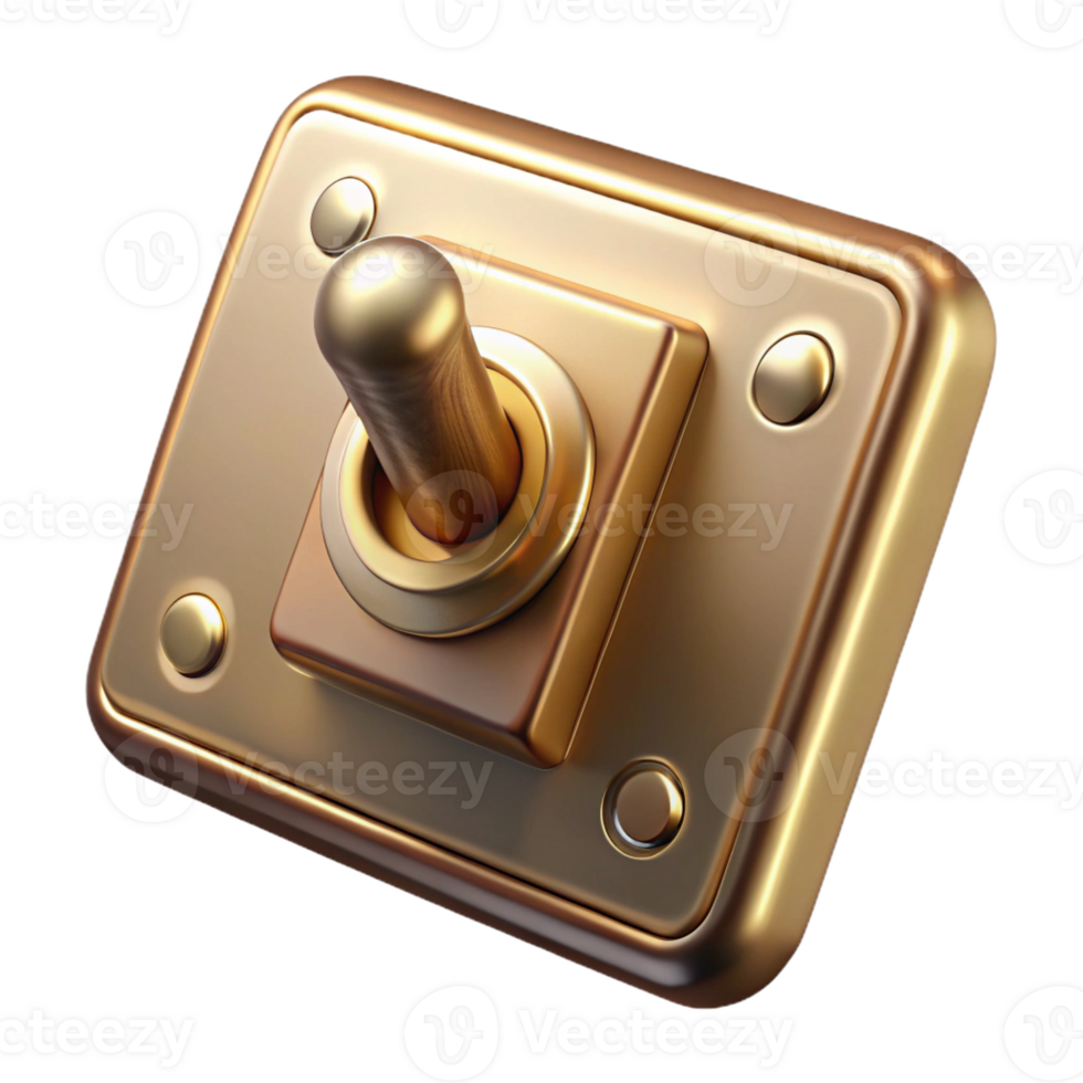 captivating quintessential Photorealistic, ultra-detailed isolated cutout of a single, vintage, brass light switch with Transparent Background png