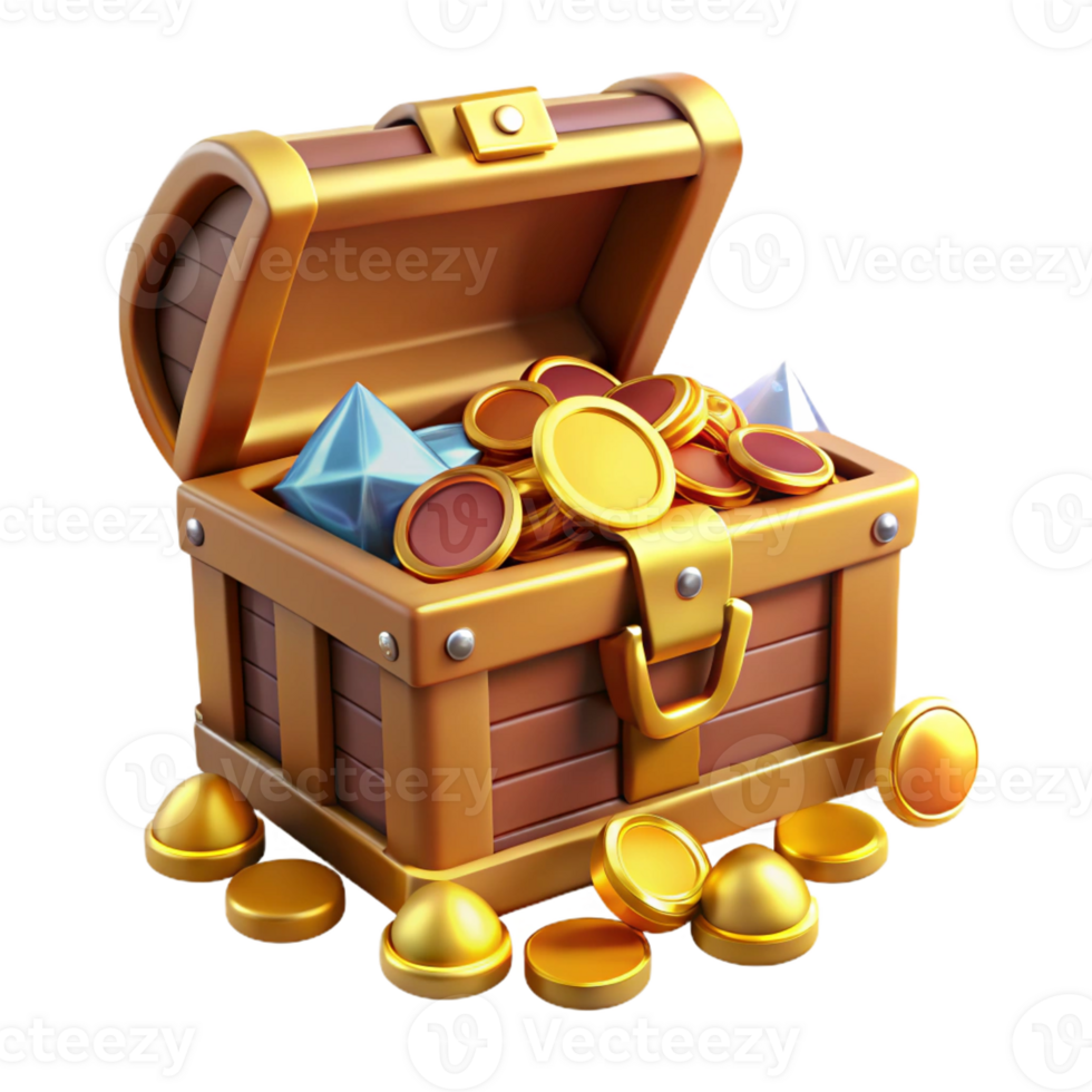 dynamic magnificent A treasure chest, overflowing with gold coins and jewels with Transparent Background genuine png