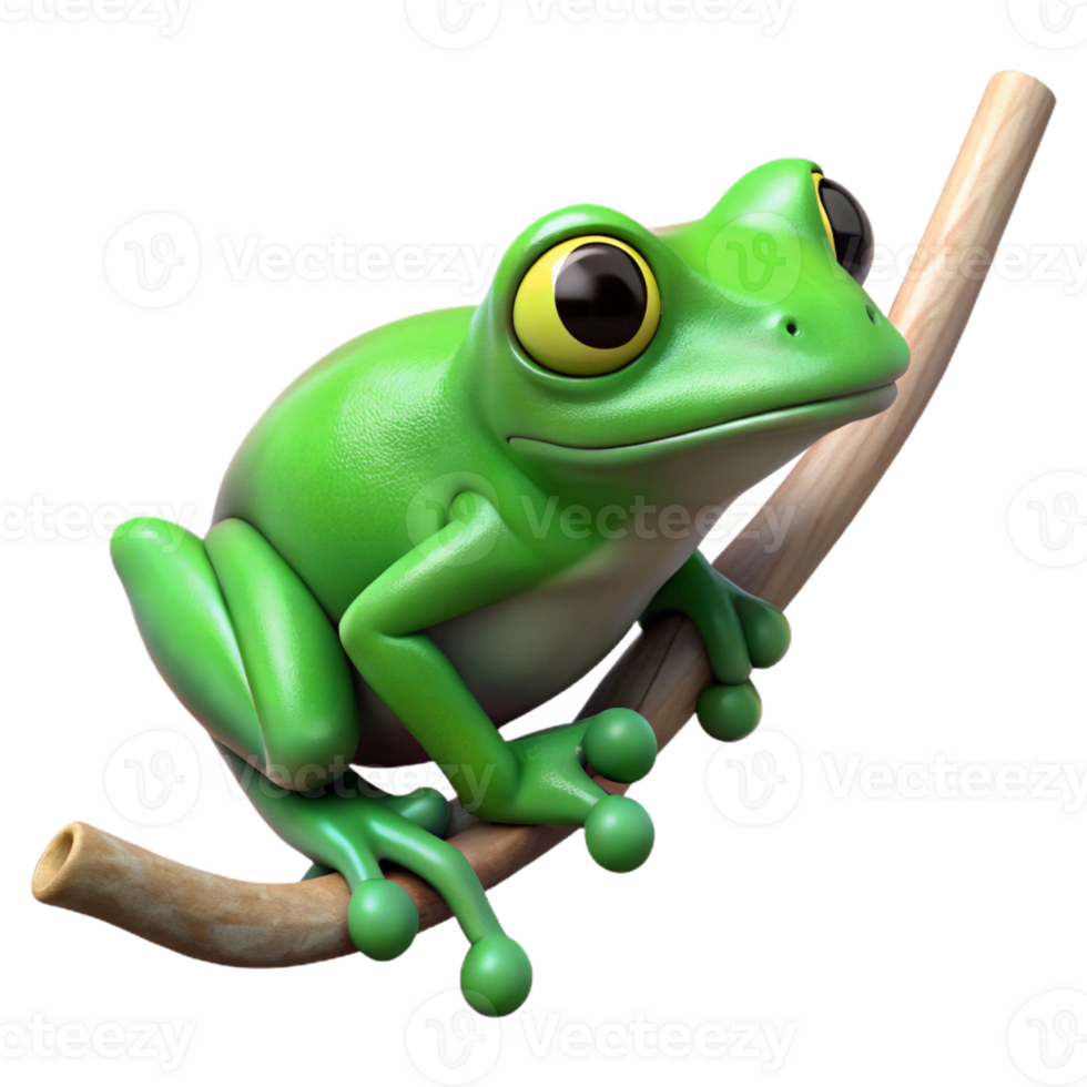 enchanting iconic Isolated cutout of a photorealistic, ultra-detailed professional render of a single green tree frog clinging to a thin, bare branch with Transparent Background png