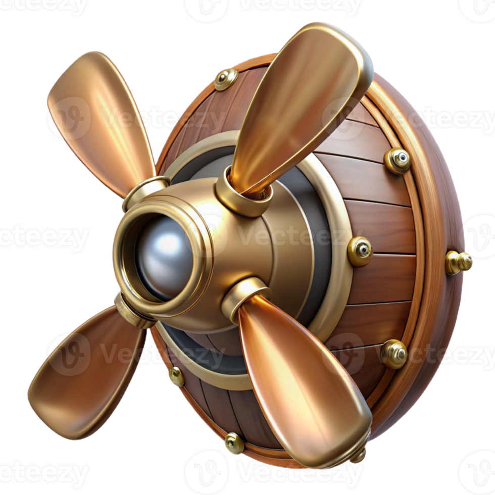 extraordinary memorable Steampunk airship propeller made of polished wood and copper with Transparent Background png