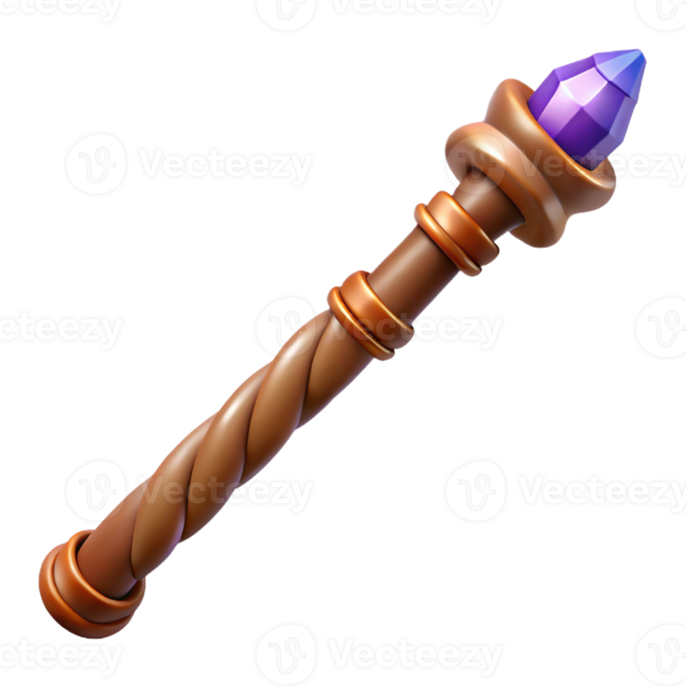 energetic alluring Photorealistic, ultra-detailed isolated cutout of a single, gnarled wooden wand with embedded crystals, professional render with Transparent Background handcrafted png
