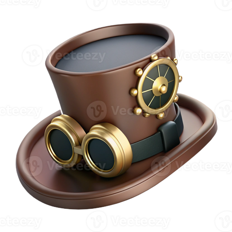 impressive exceptional Steampunk top hat with brass gears and goggles attached with Transparent Background png